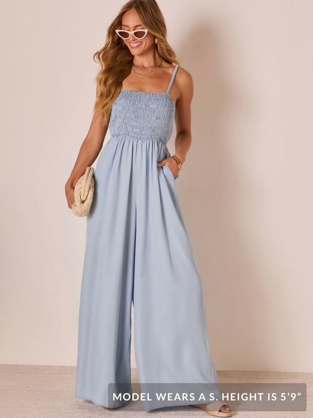 Vici Light Blue Smocked Wide-Leg Jumpsuit